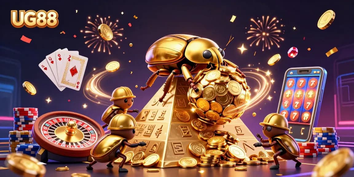 Experience the excitement of UG88 with golden coins and casino symbols in a dynamic 3D casino scene.