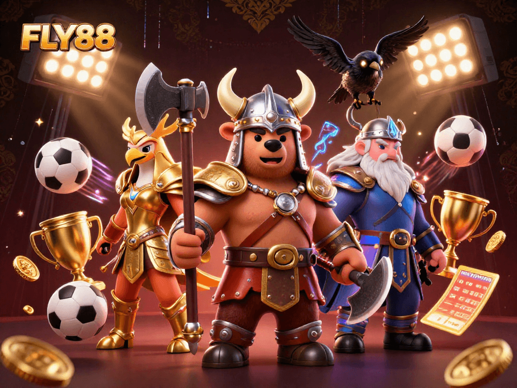 FLY88 offers an exciting environment with a Viking berserker, fierce Valkyrie eagle, and gaming elements.