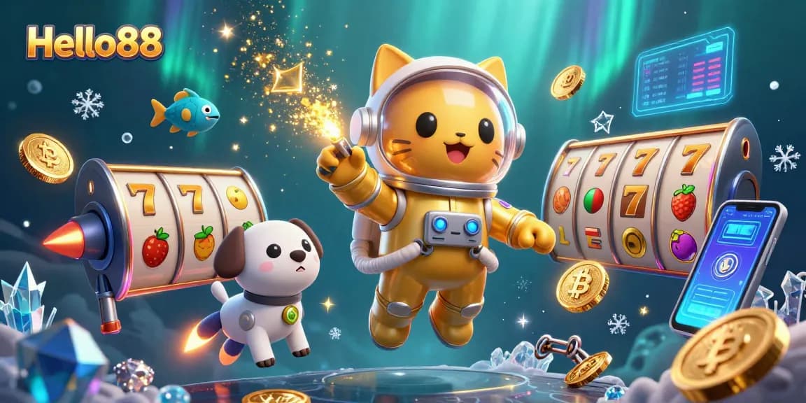 Play exciting games at Hello88 Casino with vibrant slot symbols and a futuristic atmosphere.