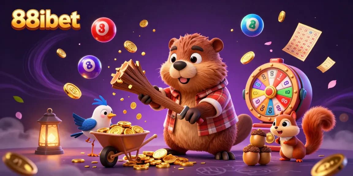 Experience the excitement at 88ibet with a lively 3D scene of a beaver celebrating gaming wins.