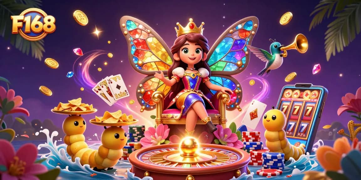 Experience exhilarating F168 gaming moments with colorful 3D elements and vibrant casino decor.