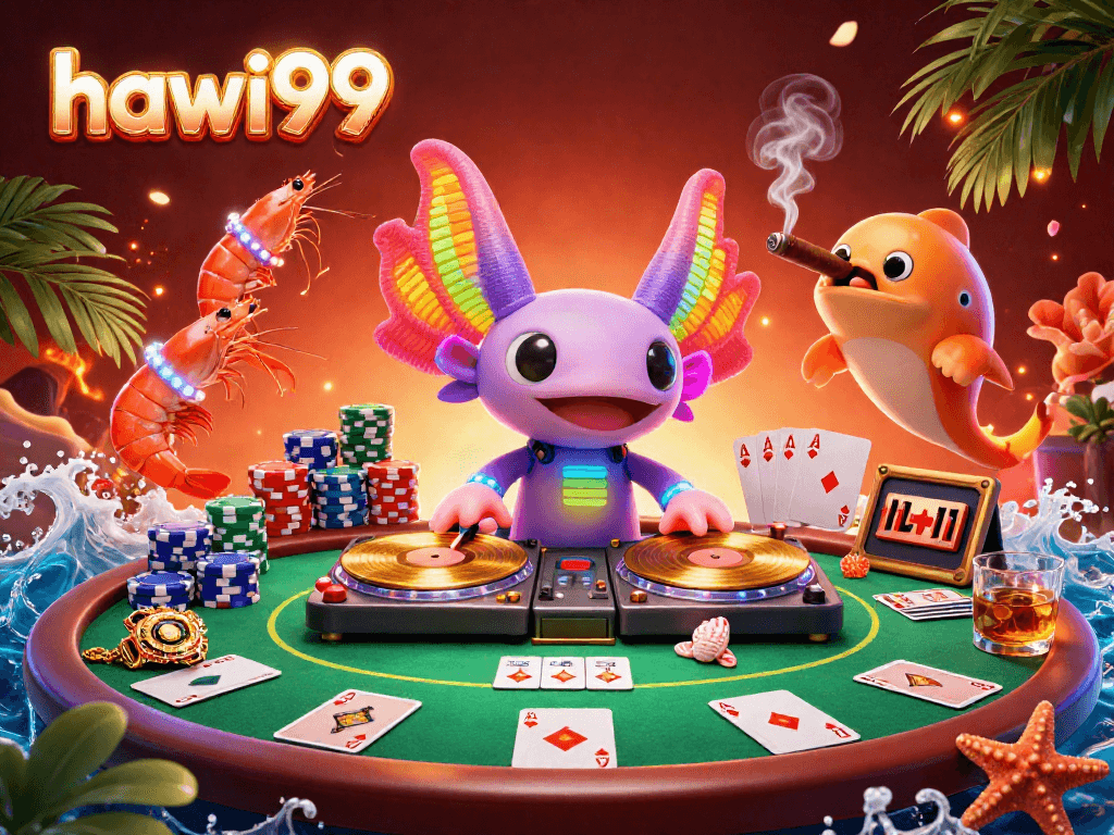 Experience vibrant casino energy with hawai99, featuring an axolotl DJ and dynamic poker elements.