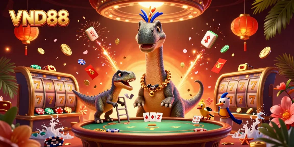 Interact with exciting VND88 games while a brontosaurus oversees playful poker action.