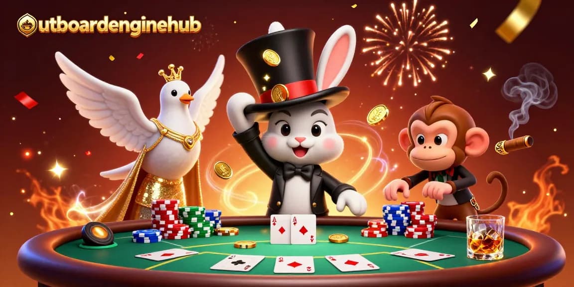 Watch the outboardenginehub magician rabbit enchanting golden coins at a vibrant poker scene.