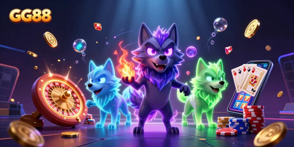 Engage in thrilling gaming at GG88 with dazzling visuals of wild wolves, roulette wheels, and shining jackpots.