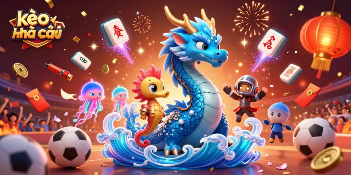 Experience the excitement of kèo nhà cái with a vibrant 3D depiction of a water dragon and betting elements.
