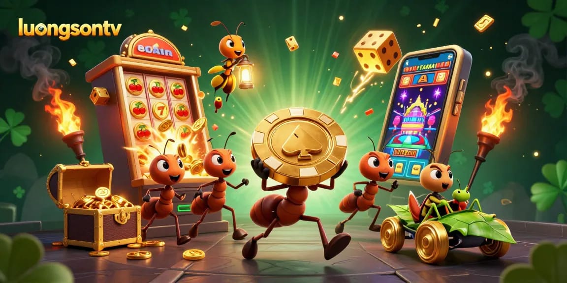 Experience thrilling gambling action with luongsontv as ants heist golden poker chip in a vibrant, dynamic scene.