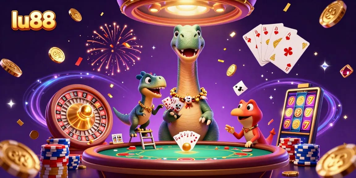 Experience excitement at lu88 casino with a giant brontosaurus overseeing a thrilling poker game.