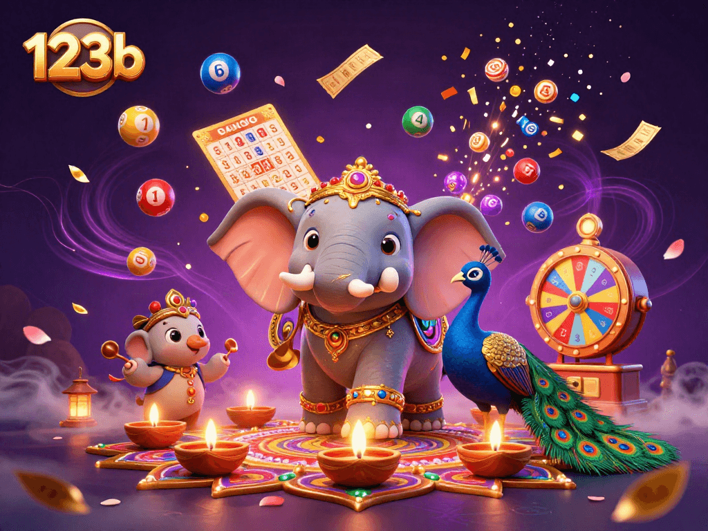 Engage in thrilling lottery excitement with 123b's vibrant 3D casino scene featuring dynamic prizes.