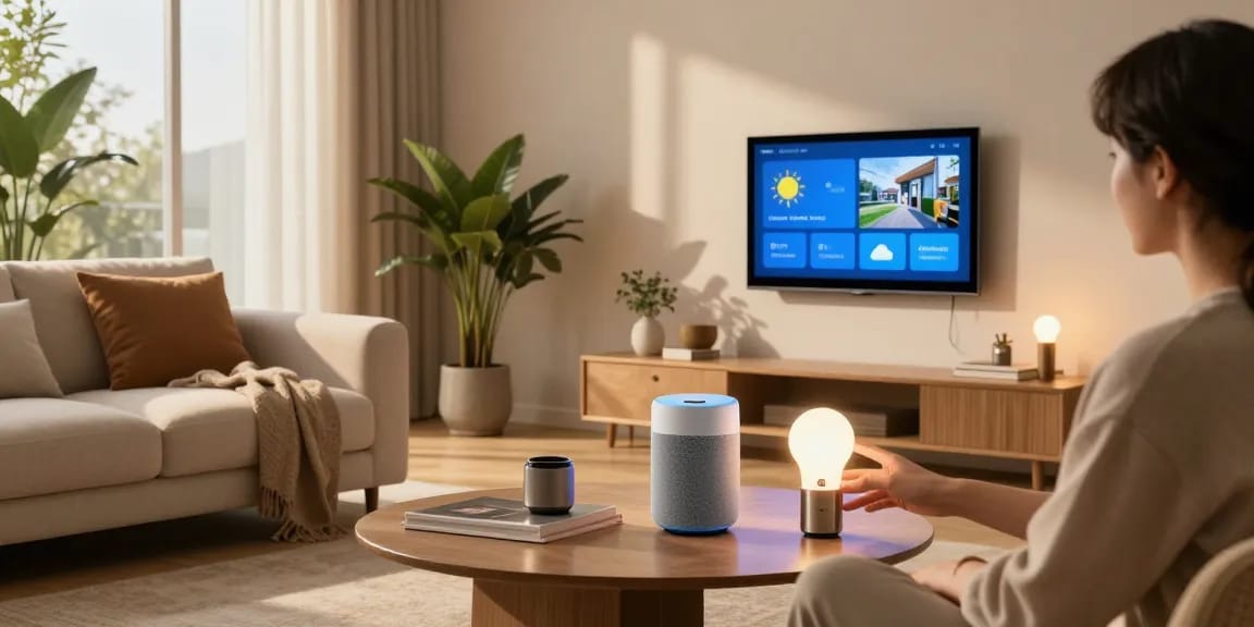 Elegant living room featuring smart home gadgets, including a smart speaker, display, and ambient lighting, creating a cozy atmosphere.