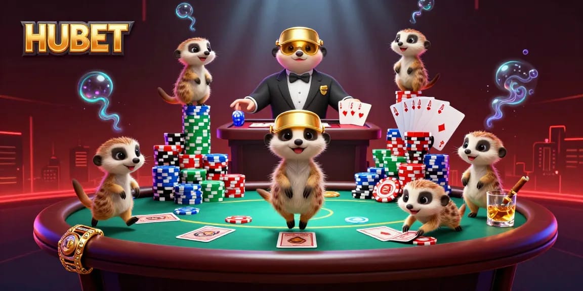 Experience dynamic casino action with HUBET's meerkat team orchestrating a lively poker scene.