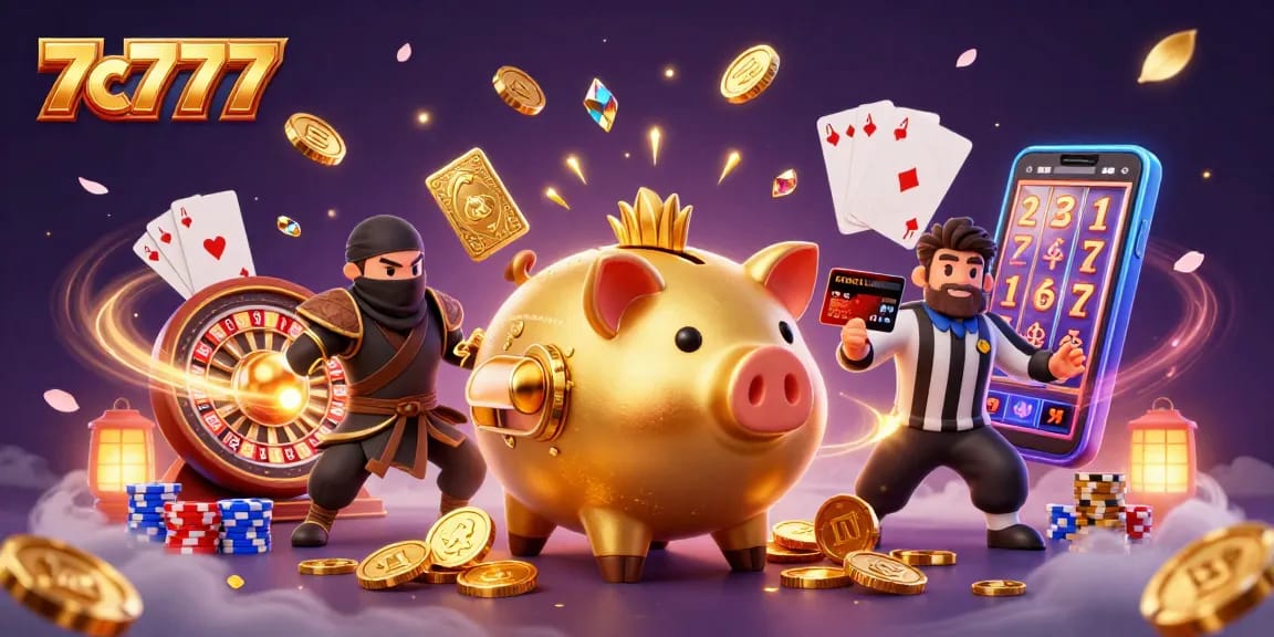 7c777 showcases a thrilling casino scene with a golden piggy bank warrior amidst slot machine reels and sparkling gems.