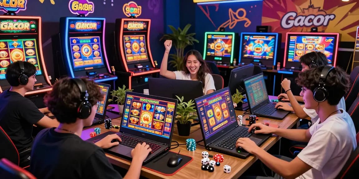 Players enjoying slot gacor games in an exciting online gaming environment, celebrating wins and engaging with vibrant graphics.
