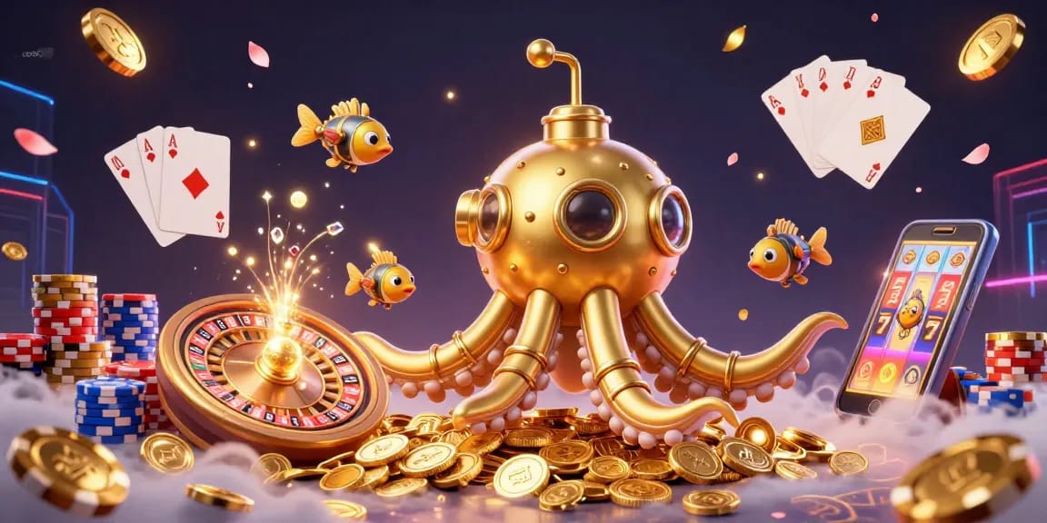 Immerse in the vibrant world of soikeo with an ultra-detailed illustration showcasing a kraken submarine amidst golden casino elements.