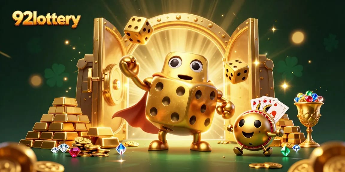 Engage with 92lottery in a vibrant 3D scene showcasing golden dice and rich treasures.