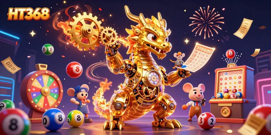 Experience HT368's vibrant casino universe with a golden dragon and dynamic gaming elements.