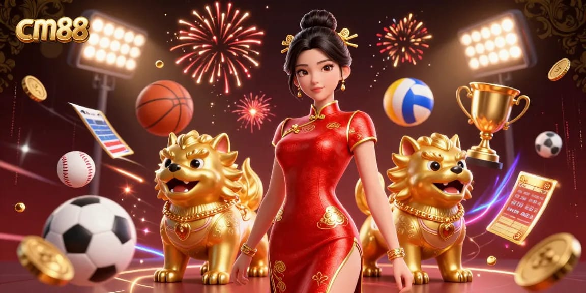 Experience thrilling gameplay at cm88 with an Asian woman in a red and gold cheongsam, surrounded by casino elements and fireworks.