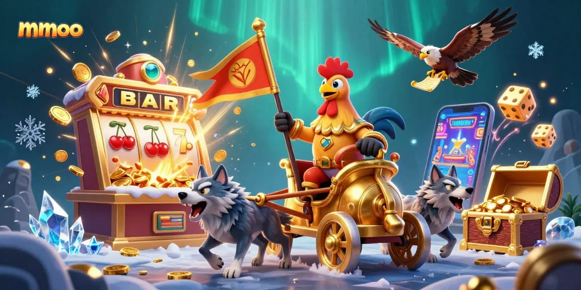 Experience thrilling gameplay at mmoo with a rooster warlord and golden jackpot explosions in a vibrant casino.