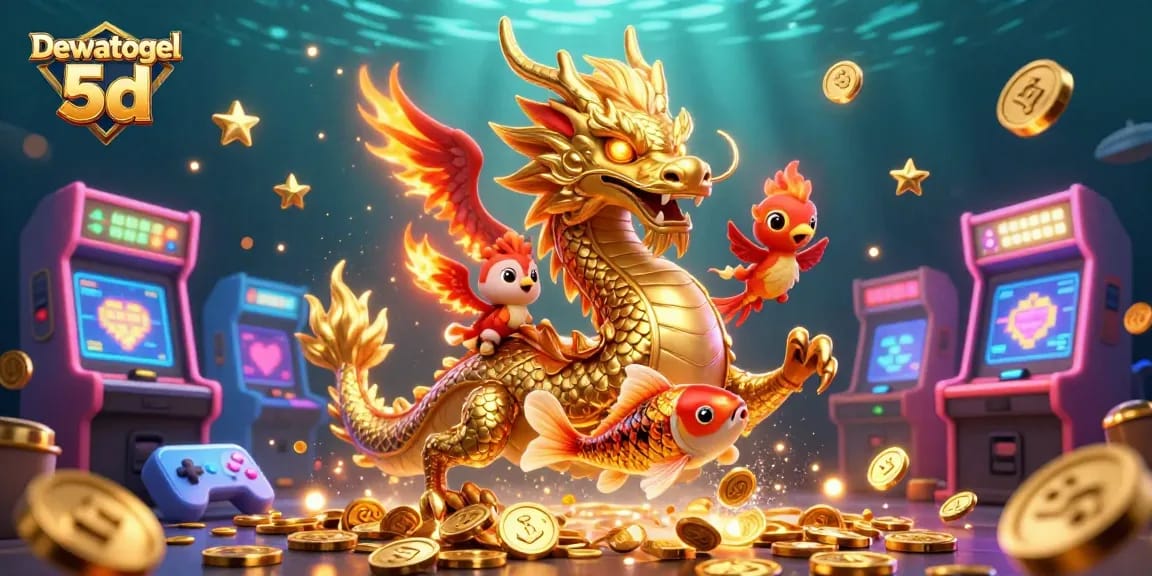 Engage with Dewatogel 5d's exciting gameplay featuring a golden dragon and cartoon phoenix!