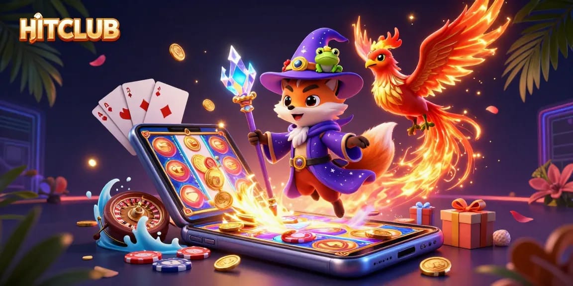HITCLUB offers an exciting 3D illustration of a magical wizard fox and phoenix amidst dynamic casino elements, symbolizing adventure.