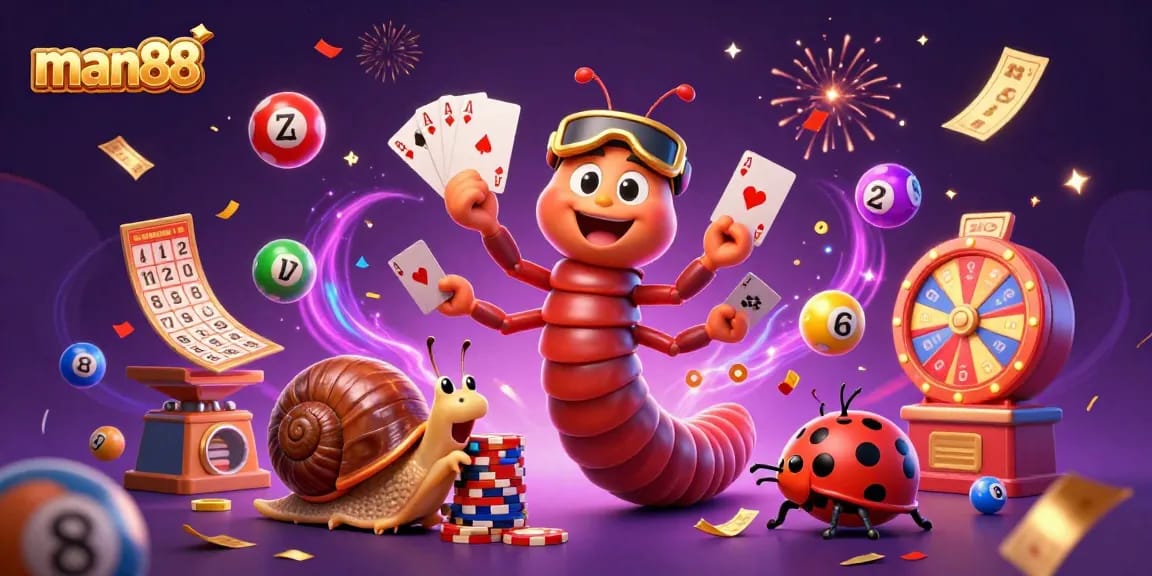 Experience exciting gameplay with man88: a vibrant 3D casino scene featuring a millipede dealer.
