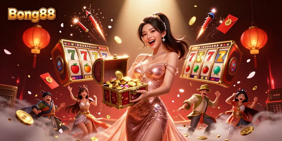 Bong88 showcases a vibrant digital casino scene with a woman presenting treasure, surrounded by slot reels and festive elements.