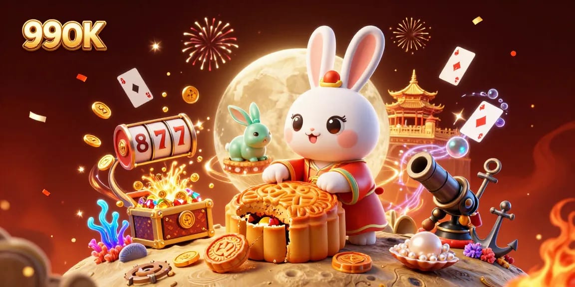 Experience the vibrant action of 99OK with a moon rabbit creating winning poker chip mooncakes.