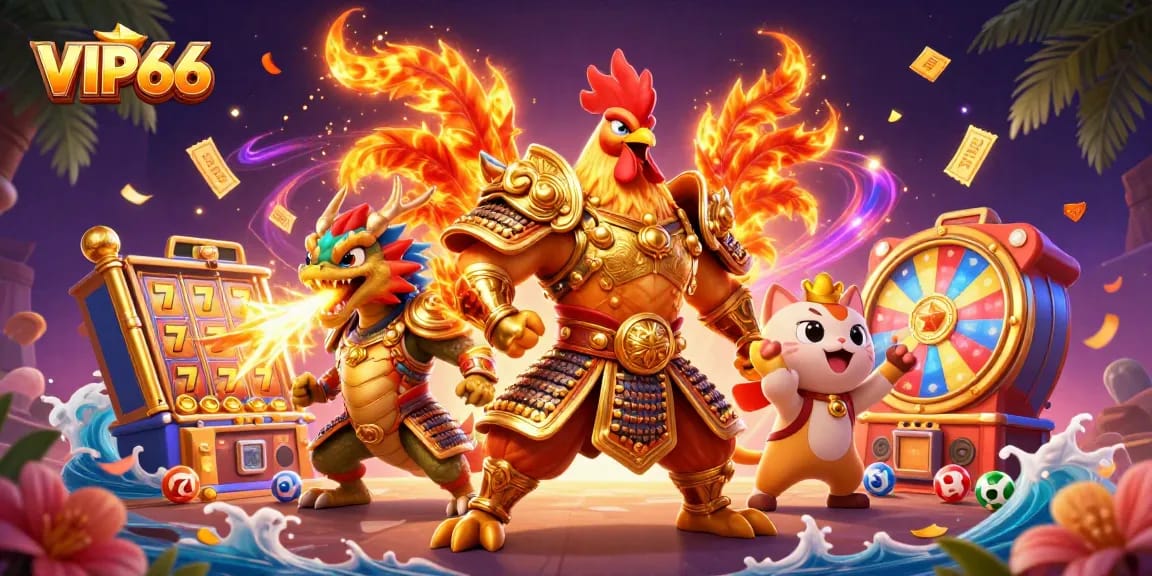 Experience thrilling gameplay at VIP66 with colorful slot reels, a fighting rooster and dragon duo.