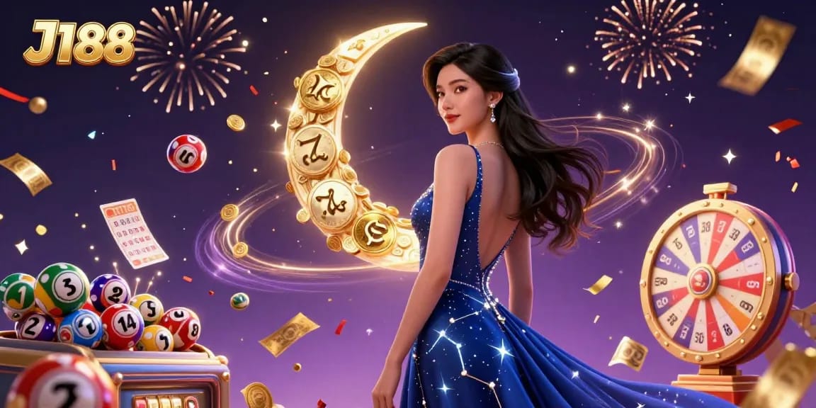 Experience the winning thrills of J188 with a vibrant casino scene featuring lottery elements and magical energy.