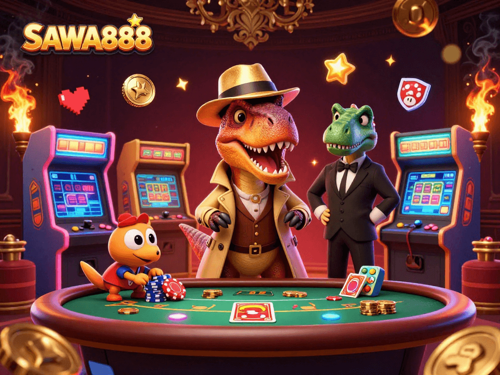Experience thrilling gameplay at SAWA888, where a velociraptor card counter plays blackjack under the stegosaurus pit boss's watchful eye.