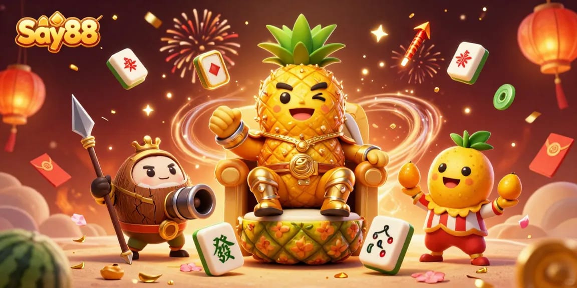 Join the vibrant action at Say88, featuring a 3D golden pineapple king and festive casino elements.