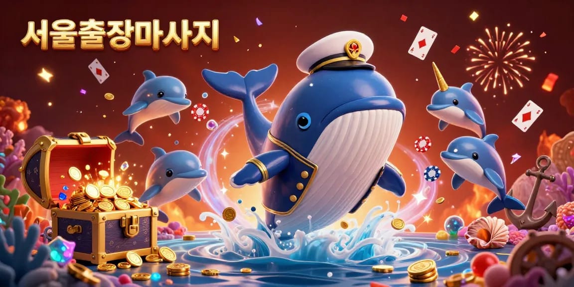 Experience 서울출장마사지 with a cartoon whale and playful dolphins enjoying gambling amidst treasure and celebrations.