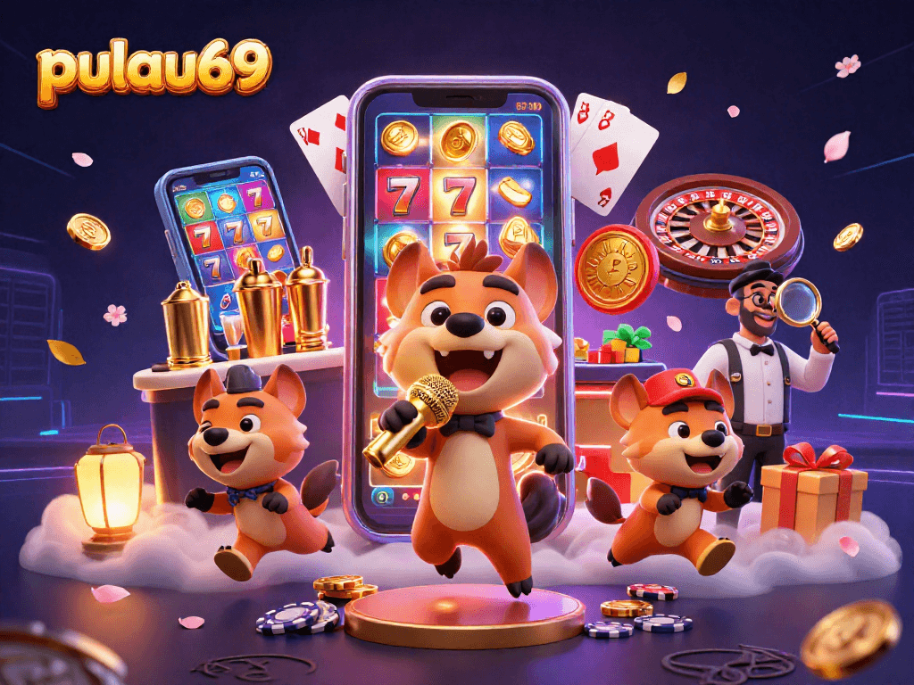 Pulau69 casino scene featuring hyenas as comedians and bartenders bringing in fun, surrounded by vibrant slot game elements.