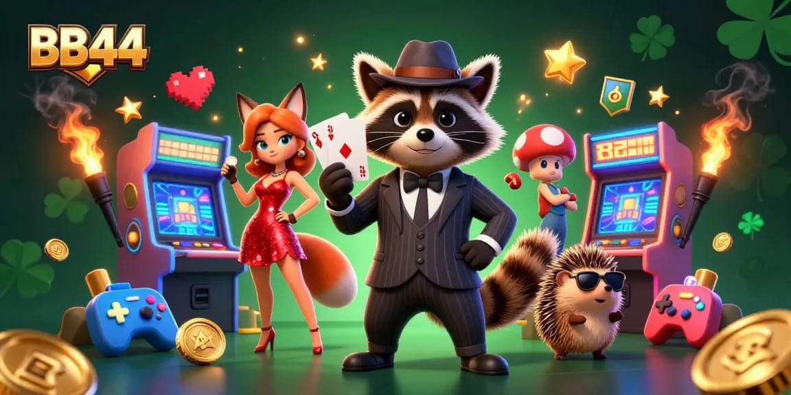 BB44 gaming scene with raccoon, fox, and hedgehog in a vibrant casino atmosphere.