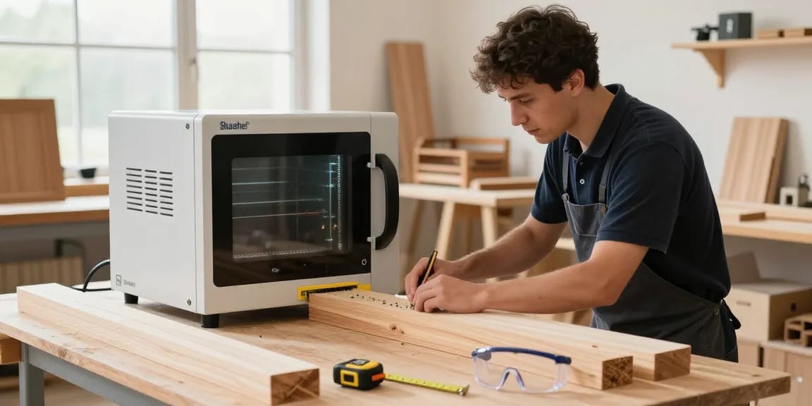 Shashel microwave device in action treating wood for woodworm pests in a bright workshop