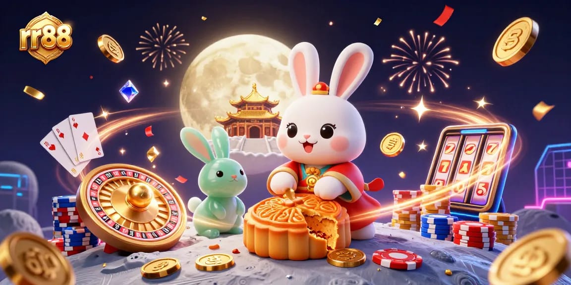 Experience thrilling moments in rr88 casino with a vibrant lunar scene filled with poker elements and festive details.