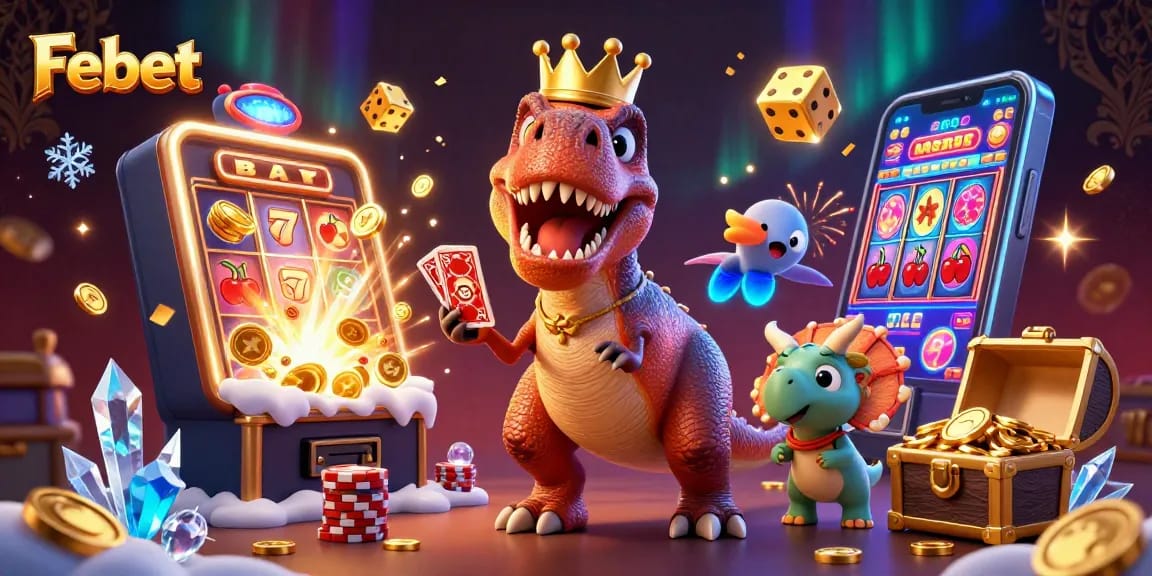 Experience the thrill of Febet with engaging characters playing cards, surrounded by dynamic casino elements.