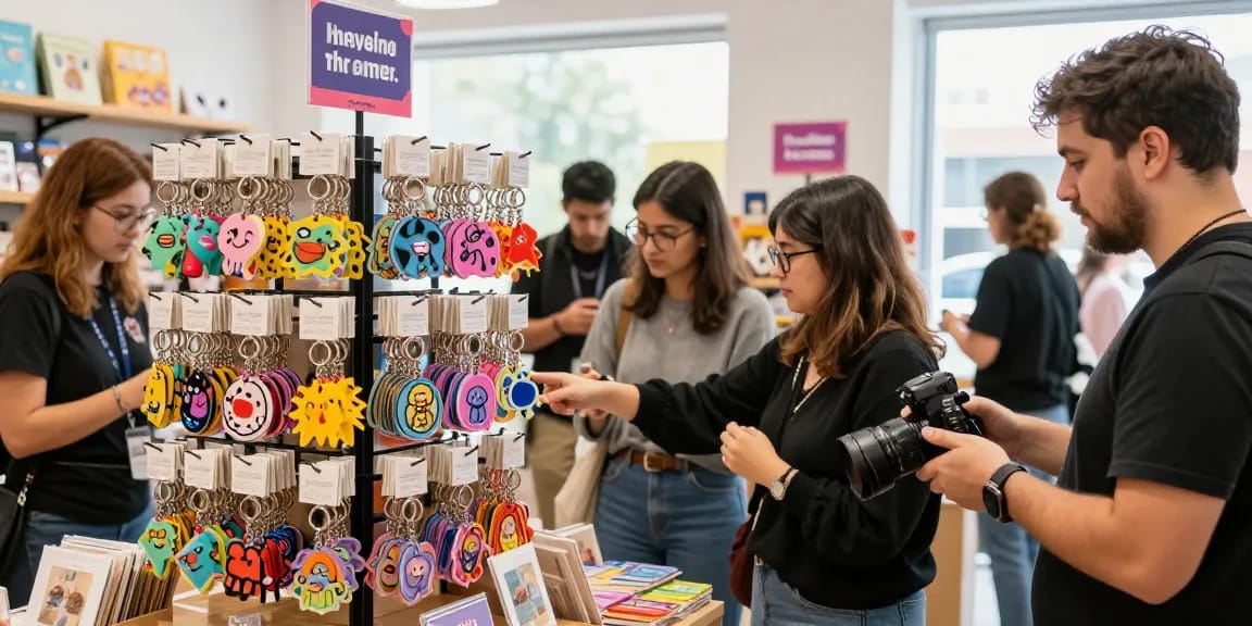 Engaging shopping experience featuring custom keychains in a vibrant retail setting.