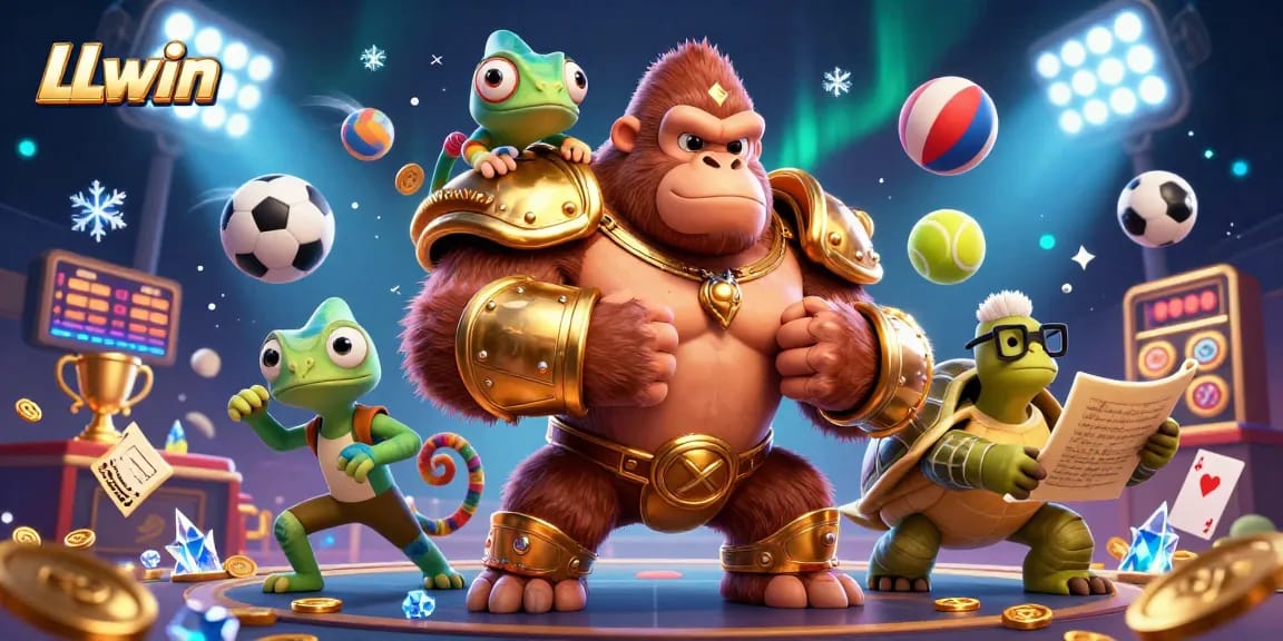 LLwin casino scene featuring a spirited gorilla king, chameleon, and wise tortoise in a dynamic gaming atmosphere.