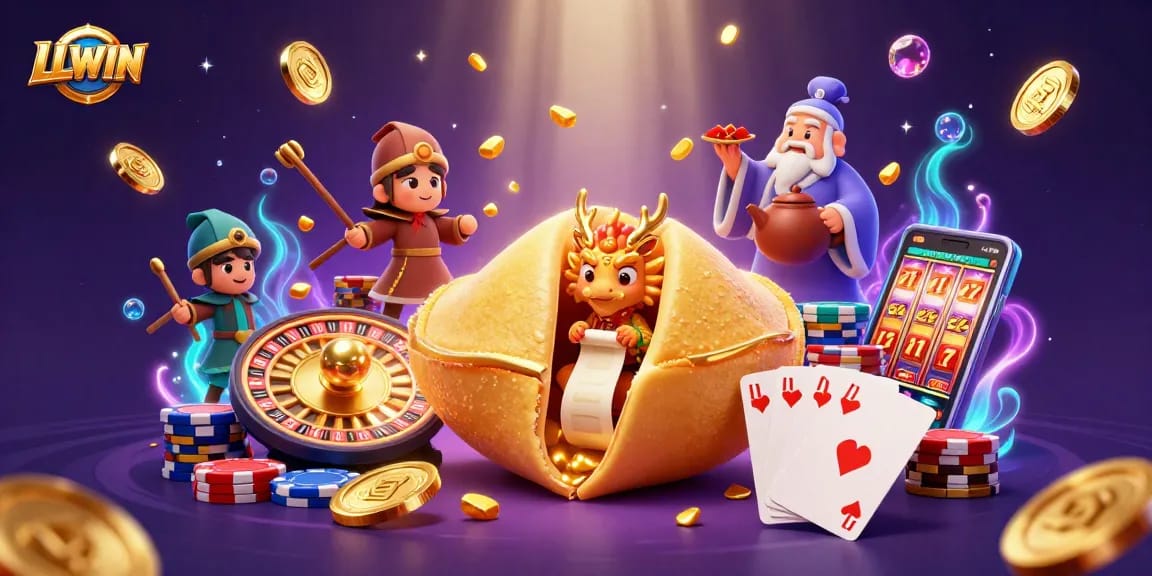 Bet and win with LLWIN in this lively casino-themed 3D illustration featuring golden treasures and game elements.
