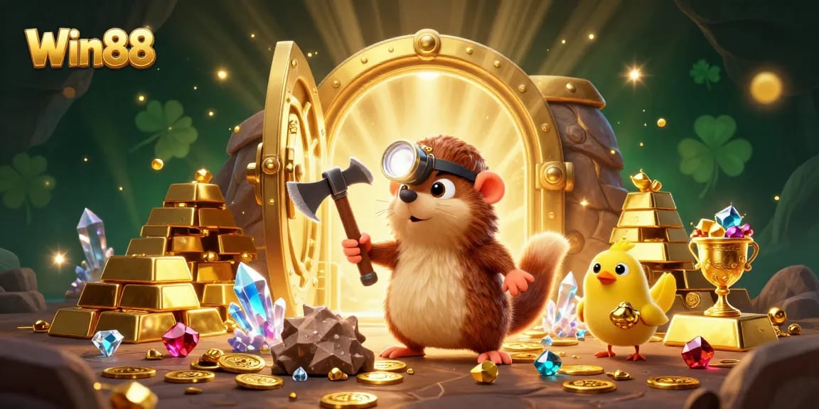 Win88 reveals treasure with a cartoon mole and canary amidst glowing gems and gold bars.