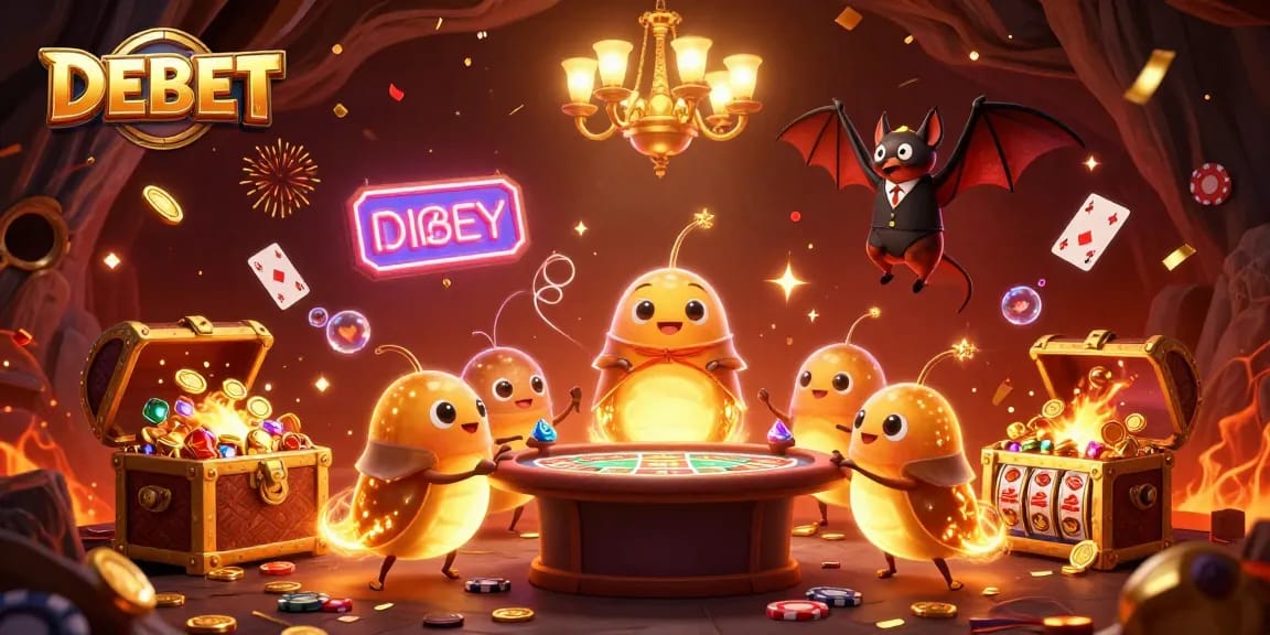 Experience gambling fun with DEBET in a vibrant cave casino, featuring glowworms and underwater treasures.