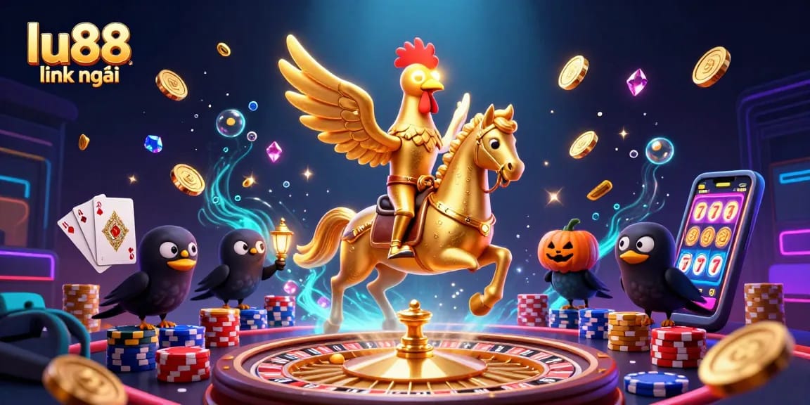 Experience lu88 link mới amidst golden coins and vibrant cards in a dynamic casino illustration.