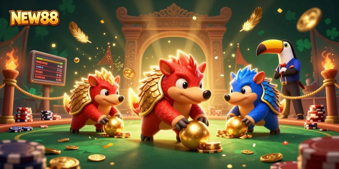Engage in thrilling gambling experiences with NEW88 pangolins battling among poker chips in vibrant casino scene.