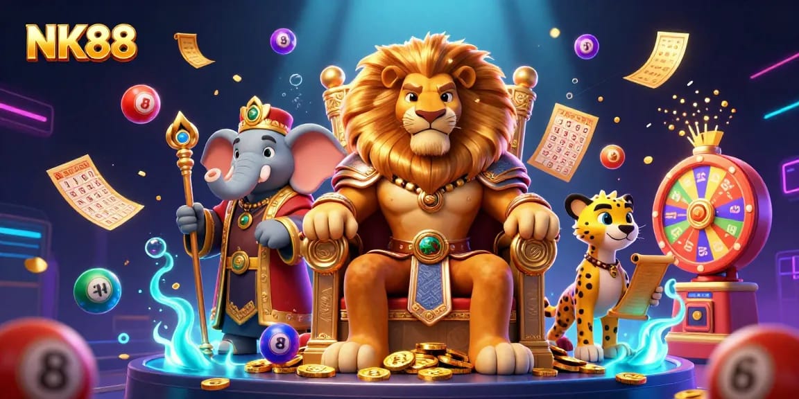 Bet on NK88 and win big with vibrant lottery balls and dynamic game elements around a regal lion king.