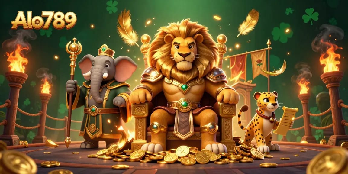 Alo789 showcases a thrilling online cockfighting scene with a fierce lion king, an elephant advisor, and a cheetah messenger.