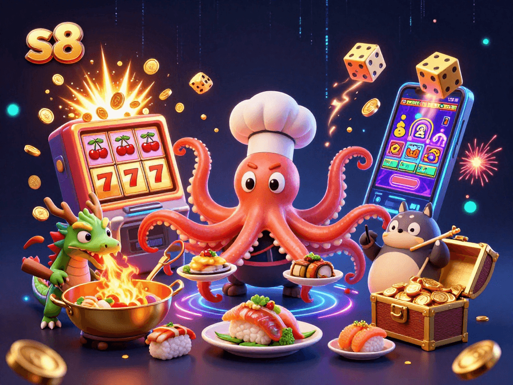 S8 offers thrilling casino action with a 3D octopus chef preparing dishes amidst a slot machine jackpot.