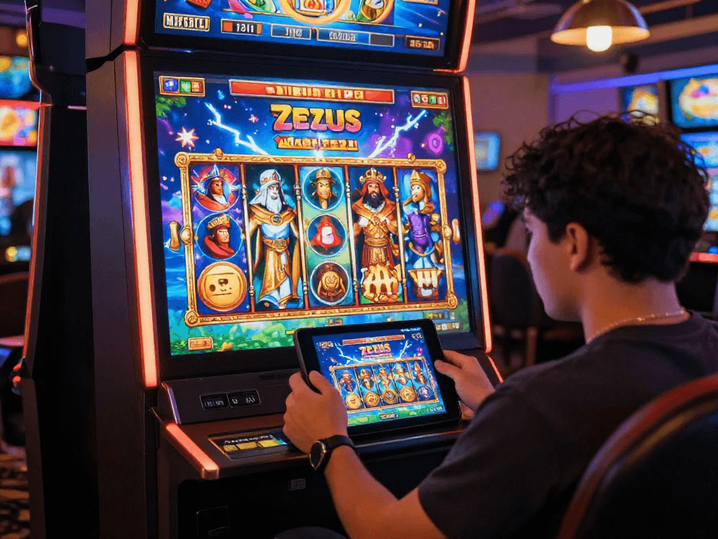 Player enjoying zeus slot on a tablet in a vibrant gaming environment