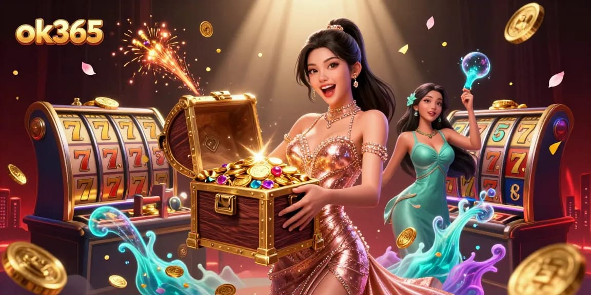 ok365 offers a vibrant 3D casino experience, showcasing treasures and slot reels amidst dynamic elements.