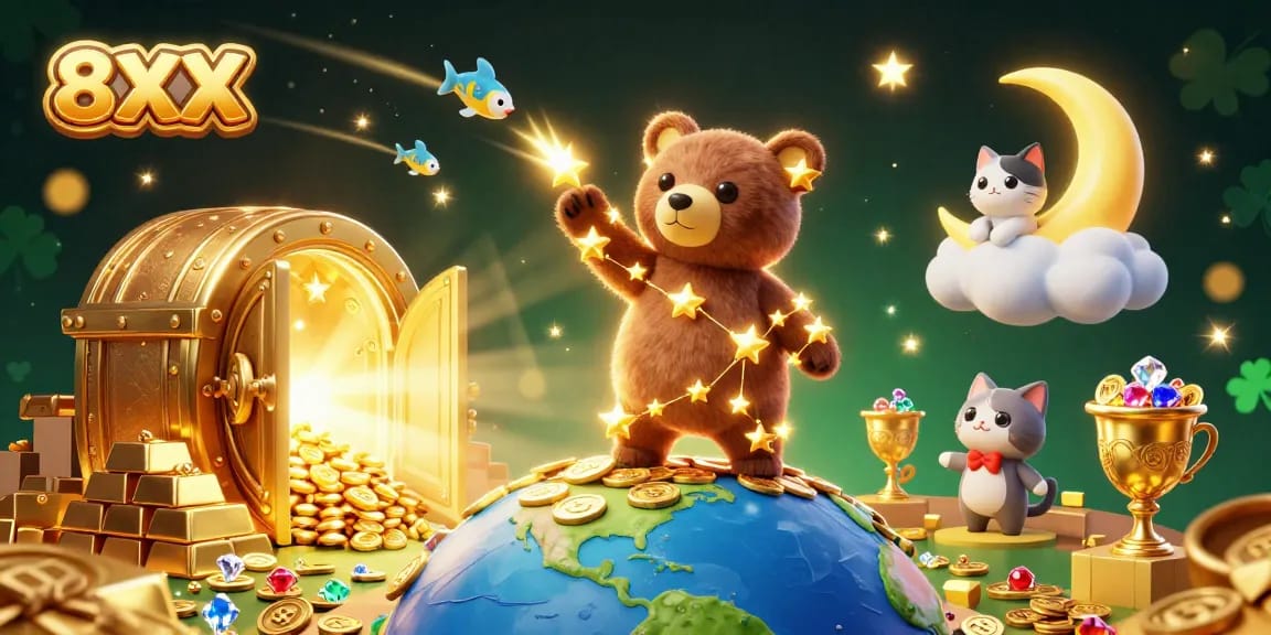 Experience thrilling wins with 8XX as the constellation bear scoops coins in a vibrant casino scene.